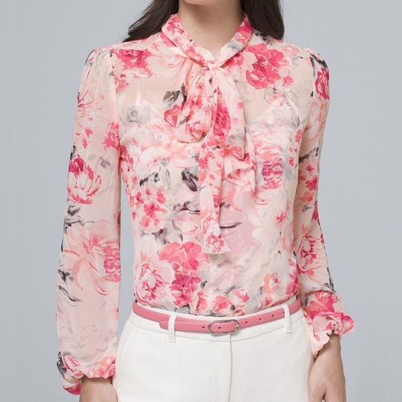White House Black Market Tops - White House Black Market floral blouse top tie